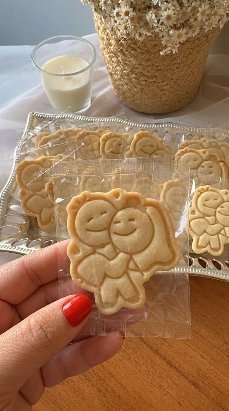 Biscoito carimbado artesanal de casal da ViBiscoitos segurado na mão