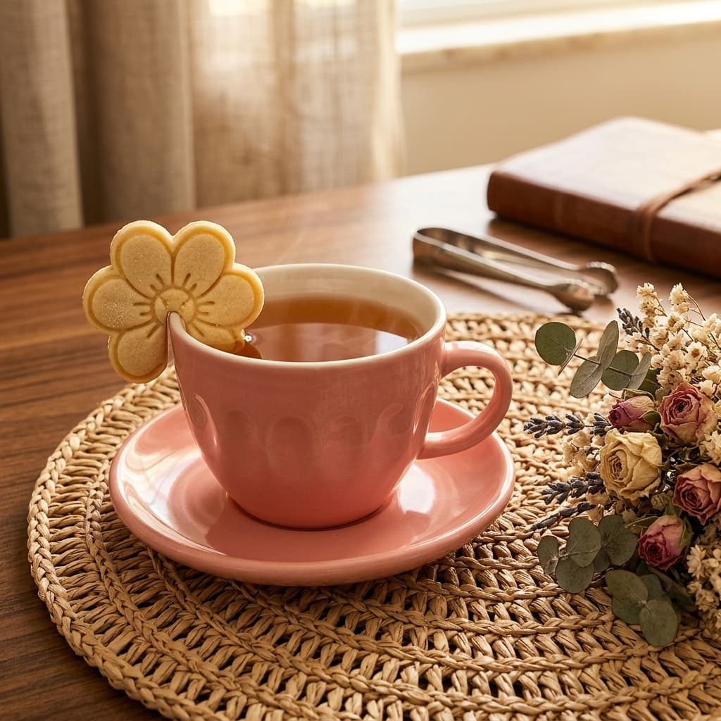Biscoito artesanal carimbado com flor em xícara, ViBiscoitos Brasília